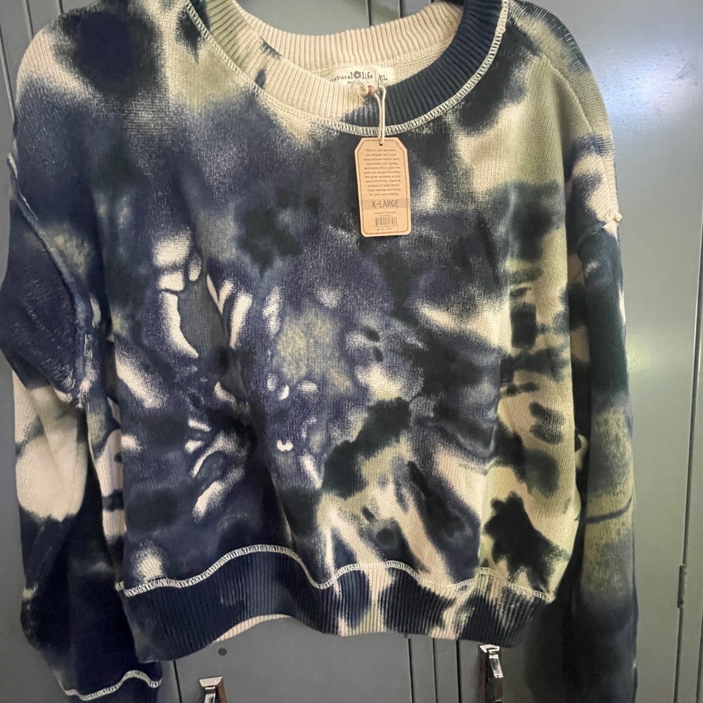 NATURAL LIFE Navy and Green Tie-Dye 100%Cotton Sweater NWT